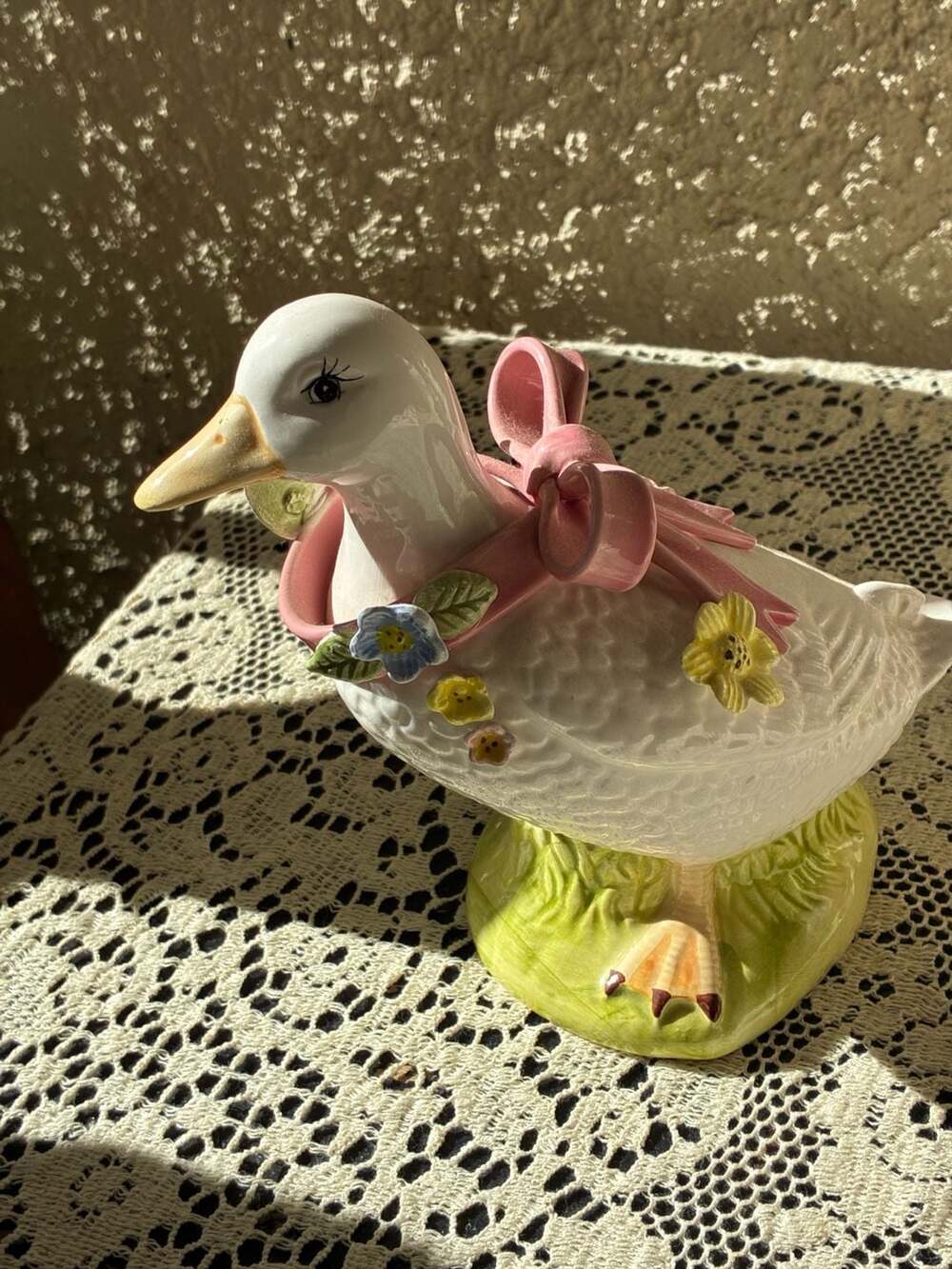 Vintage Porcelain Goose Figurine with Pink Bow and Floral Accents Made in Taiwan
